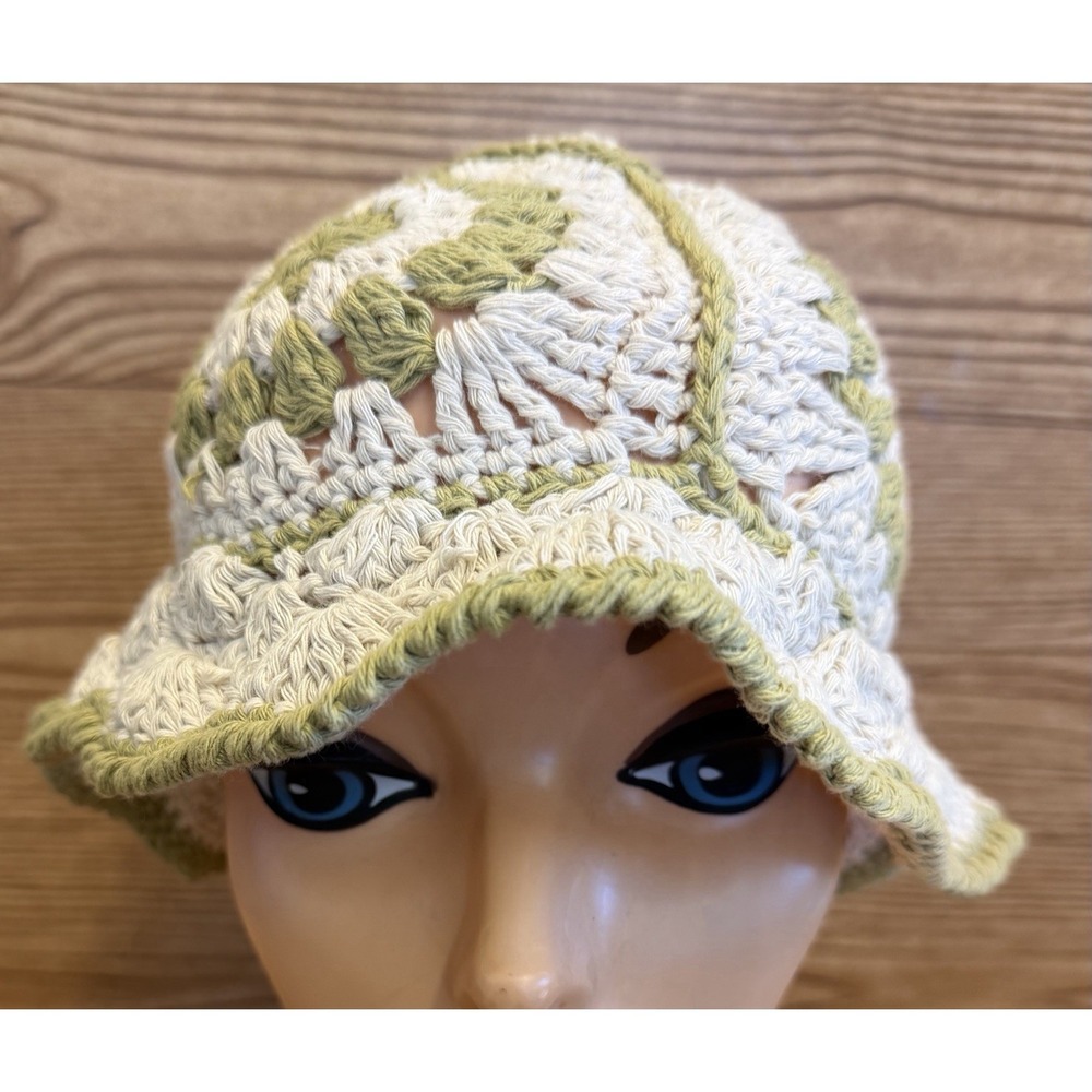 New Crochet Bucket Hat Flowers Green Cream‎ Retro Y2K Streetwear Unisex NWT